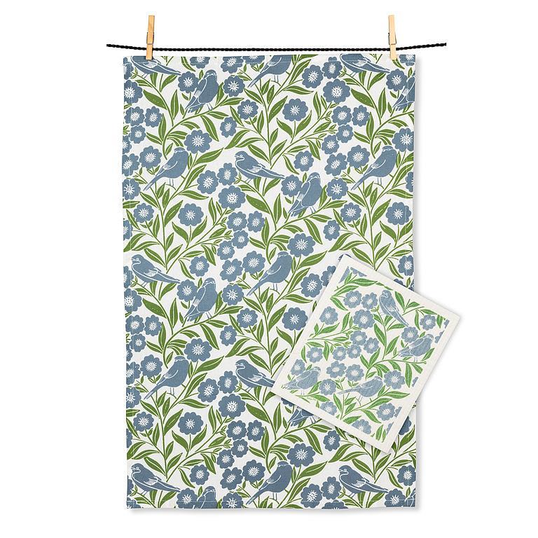 Birds and Leaves Dishcloth & Kitchen Towel Set