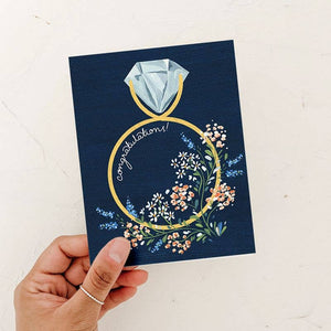 Navy Floral Congratulations Ring Engagement Card: White