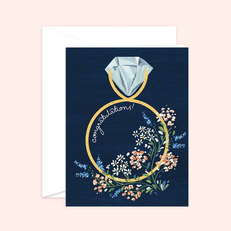 Navy Floral Congratulations Ring Engagement Card: White