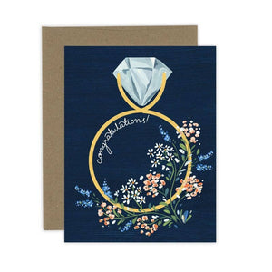 Navy Floral Congratulations Ring Engagement Card: White