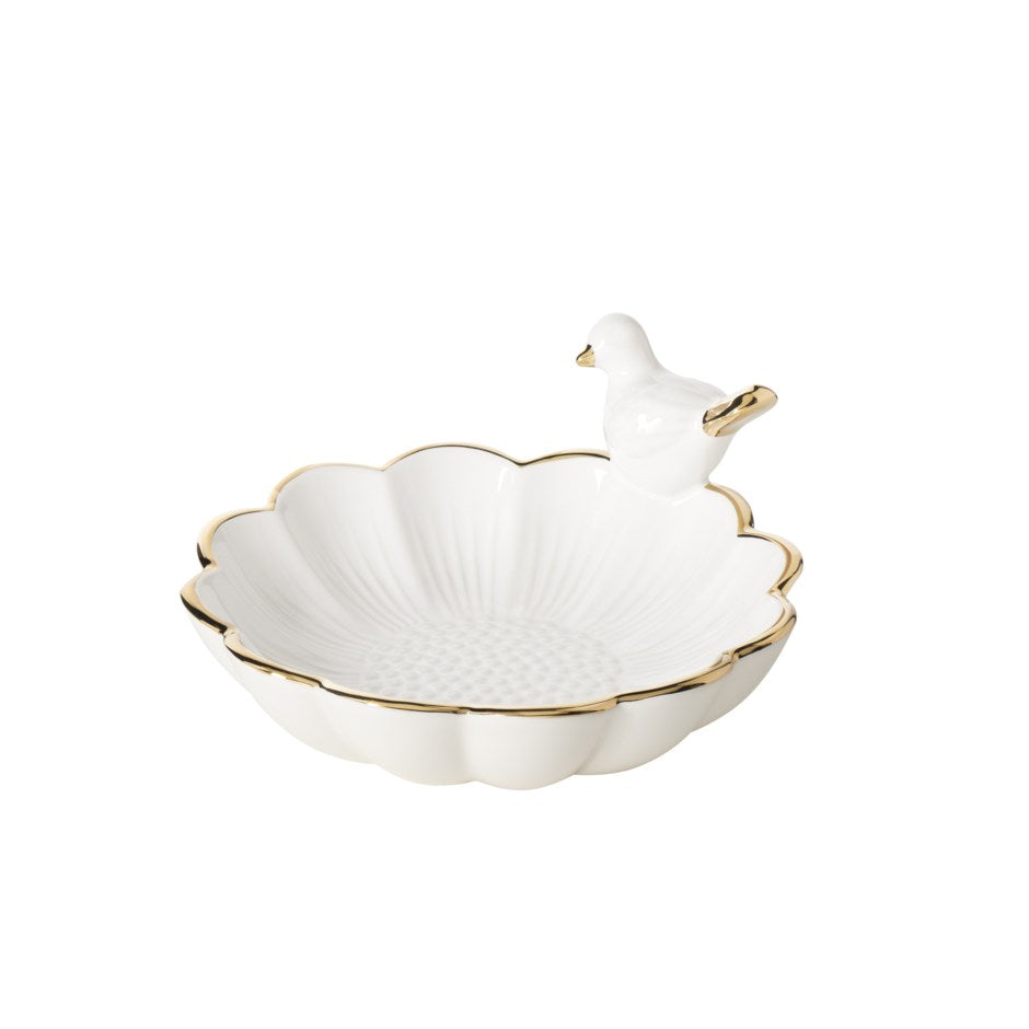 Perched Bird Gold Trim Flower 6" Diameter Ceramic Decor Dish