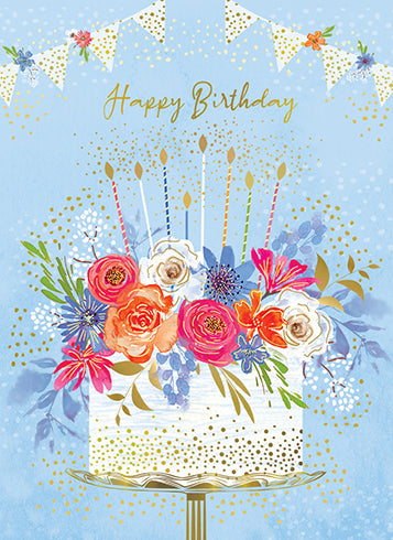 Birthday Cake Blue Floral Greeting Card