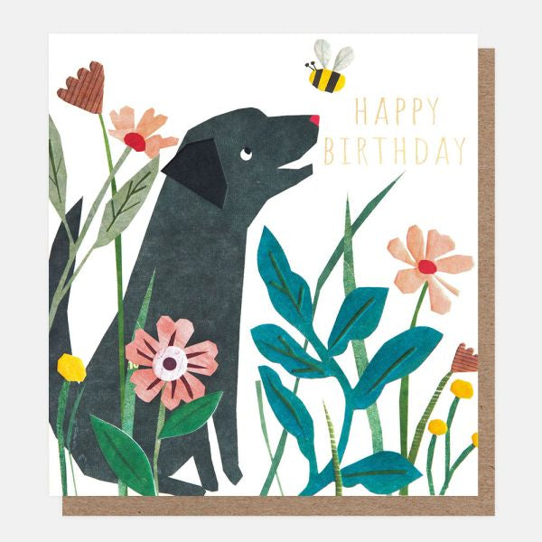 Dog & Flowers Happy Birthday Card