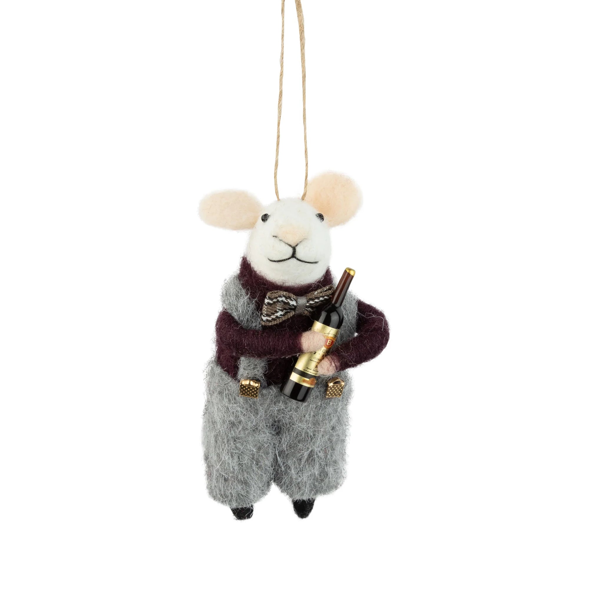 Felt White Mouse Ornament In A Festive Outfit Holding A Wine Bottle
