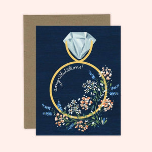 Navy Floral Congratulations Ring Engagement Card: White