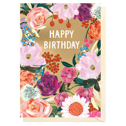 Happy Birthday Golden Flowers Greeting Card