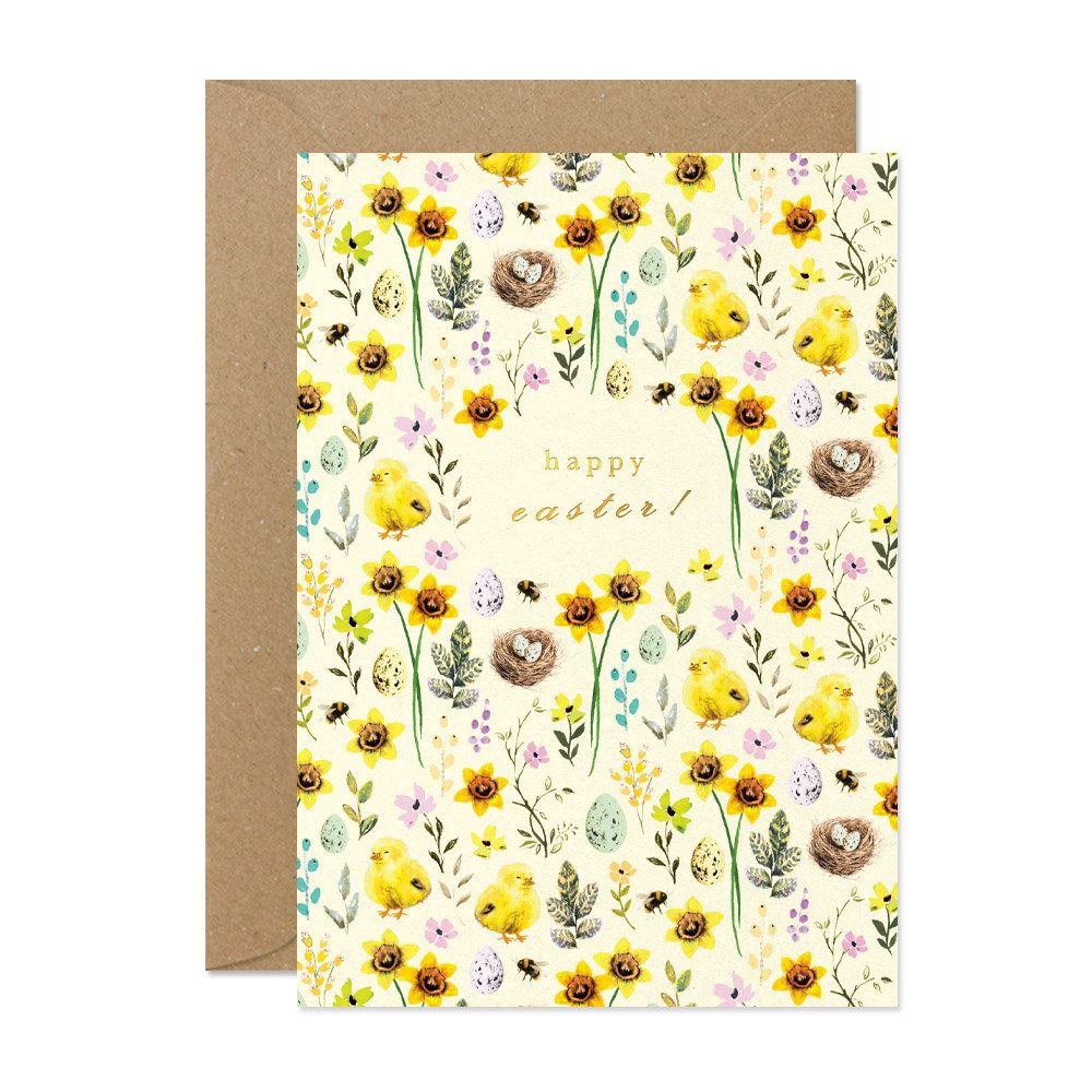 Happy Easter Chicks and Flowers Greeting Card